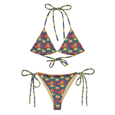 Sexyaf String Bikini Set Retro Floral Bold Color Sexy Bikini Beachwear Recycled Polyester