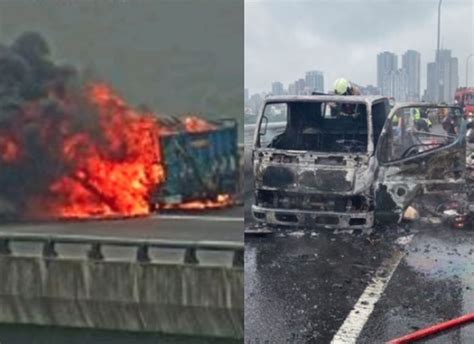 驚險！五楊高架火燒車「駕駛一下車馬上起火」 小貨車燒到僅剩骨架 鏡週刊 Mirror Media