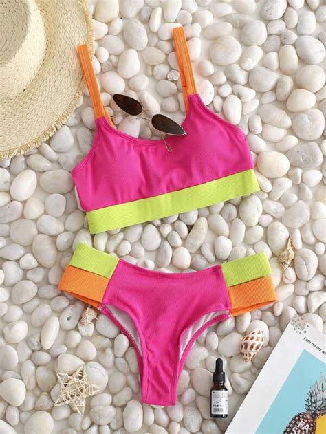 Color Block Rib Bikini Swimsuit Shein Usa