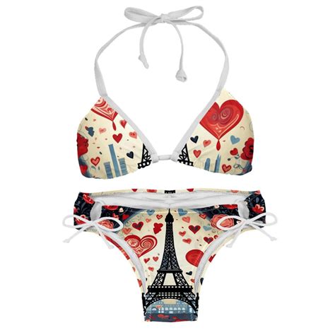 HEOEH Women S Halter Tie Side Triangle Bikini Set Eiffel Tower