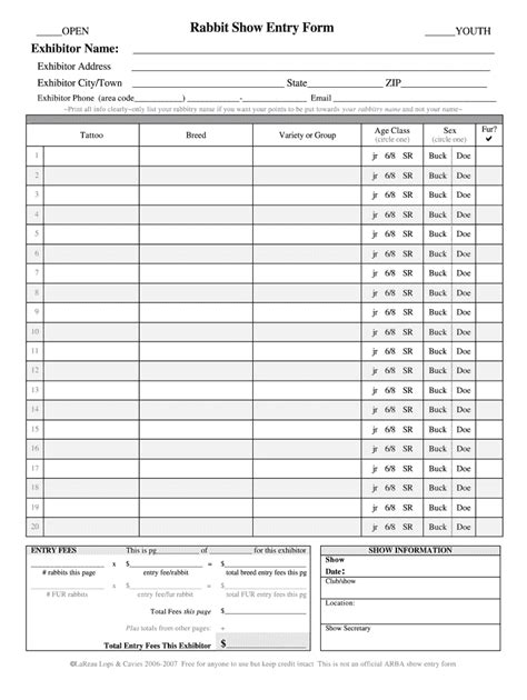 Fillable Online Rabbitshowentryform Printable Blank Rabbit Show Entry