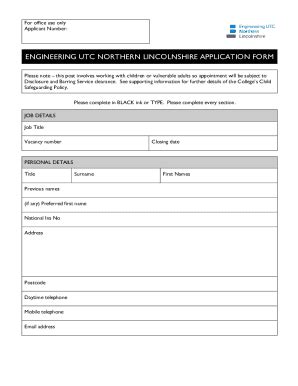 Fillable Online Engineering Utc Northern Lincolnshire Application Form