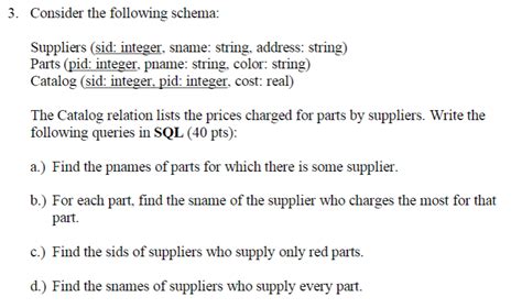 Solved Consider The Following Schema Suppliers Sid Chegg