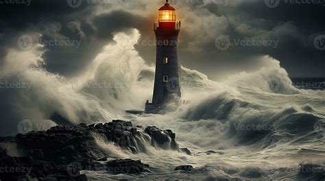 Lighthouse in a storm, waves attacking the tower, Generative AI 30761284 Stock Photo at Vecteezy