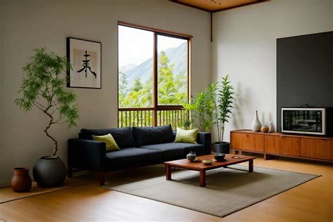 Zen Style Kitchen Living Combo Interior With Plant And Sink And Chairs