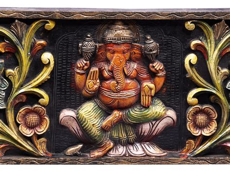 Large Wooden Lord Ganesha Seated On Lotus Wall Panel Exotic India Art