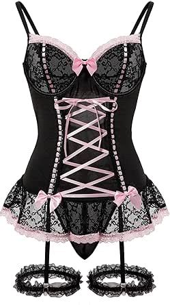Foxiny Sexy Rave Mesh Corset Ruffle Lace Up Underwire Sheer Garter Belt Babydoll Lingerie Set