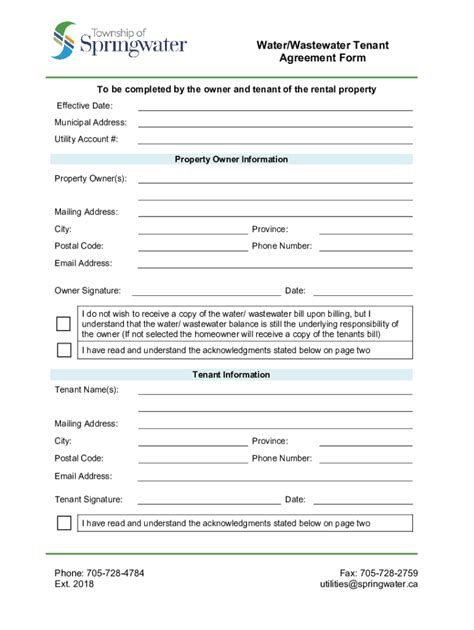 Fillable Online Water Wastewater Tenant Agreement Form Fax Email Print