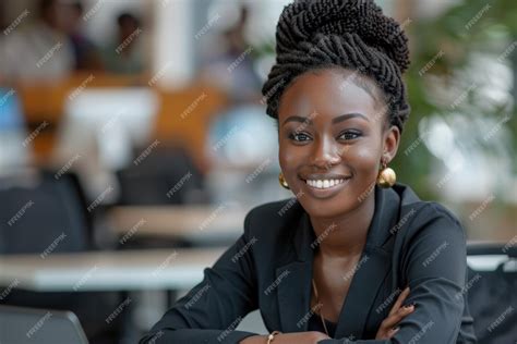 Premium Photo Black Business Woman Smiling And Leaning On Office Desk While Looking At Camera