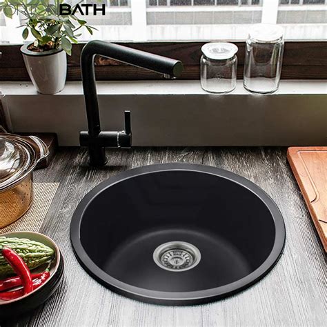 ORTONBATH Round Undermount Single Bowl Black Granite Composite Kitchen