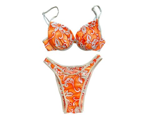 S Bikini Two Piece Set S Neon Orange White TROPICAL Bathing Suit High Leg Set Boho Vintage