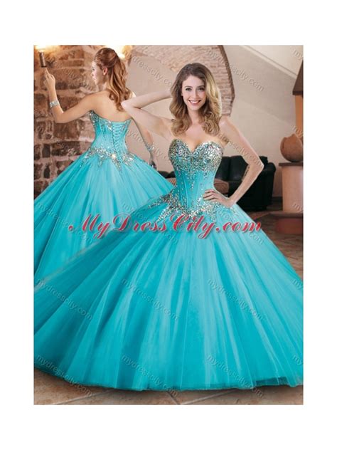 Latest Visible Boning Tulle Beaded Quinceanera Dress In Aqua Blue