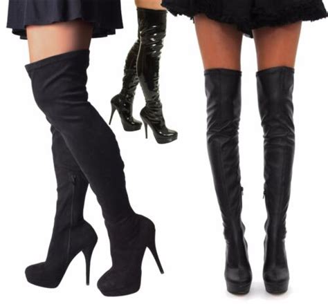 Ladies New Sexy Black Over Knee Thigh High Heel Stiletto Platform Stretchy Boots Ebay