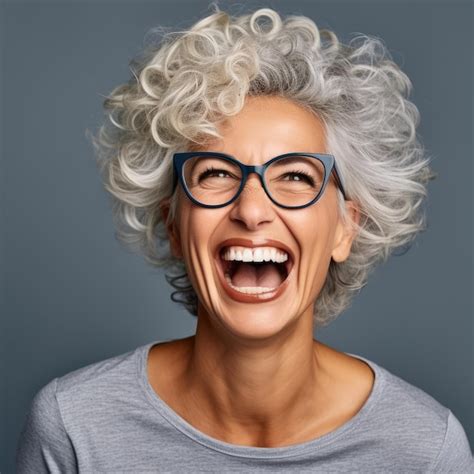 Eine Frau mit grauen Haaren Brille und grauem Top lächelt Premium Foto