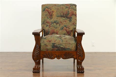 Oak Antique 1900 Morris Recliner Chair Lion Paw Feet Recent Upholstery