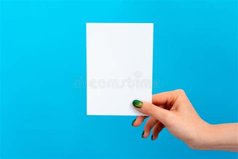 Woman Hand Holding Blank Card On Blue Background Stock Photo Image Of