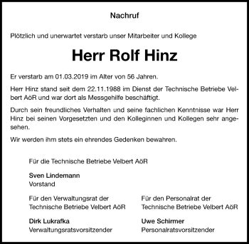 Traueranzeigen Von Rolf Hinz Trauer In NRW De