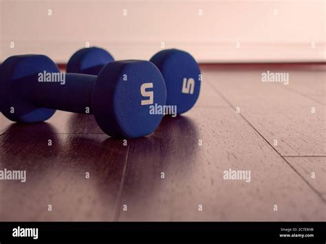 Pair Of Blue Dumbbells Over Wooden Floor With Soft Toasted Pastel