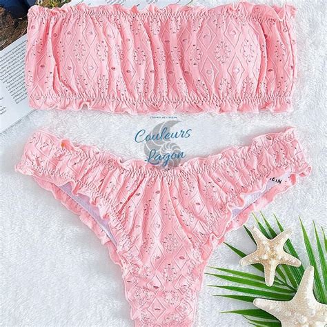 Sexy Bikini Pi Ces Brod Ajour Volant Bas Tangua Couleurs Lagon