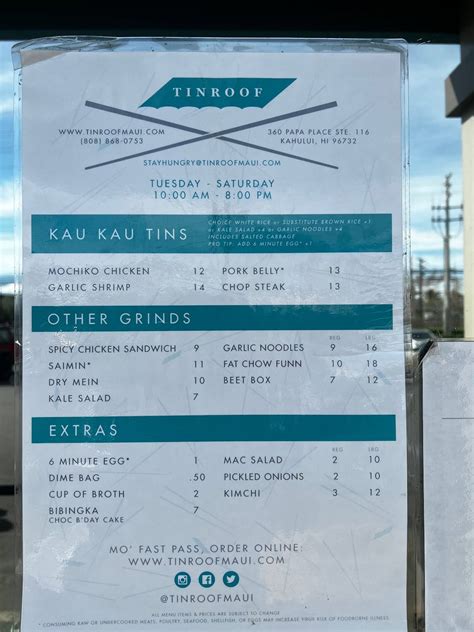 Menu at Tin Roof Maui restaurant, Kahului