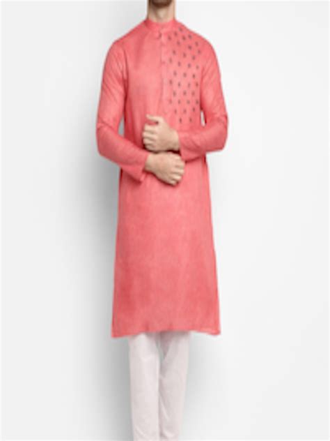 Buy DEVOILER Men Peach Coloured White Ethnic Motifs Yoke Design Kurta