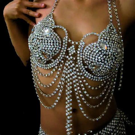 Sexy Bikini Crystal Women Thong Panties Body Chain Rhinestone Bra And