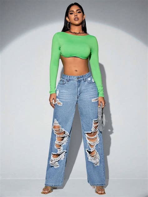 Shein Sxy High Waist Ripped Straight Leg Jeans Shein Usa