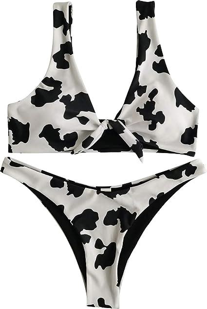 cderfv Traje de baño para mujer con estampado de vaca sexy Deep V Strappy Bikini de 2 piezas