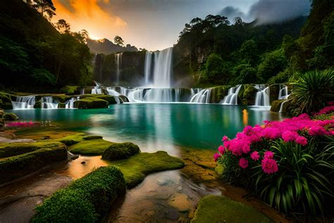 waterfall, sunset, flowers, green, water, waterfall, nature, landscape ...