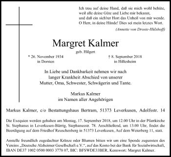 Traueranzeigen Von Margret Kalmer WirTrauern