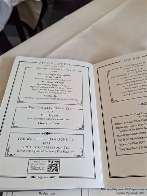 Menu at The Wolseley cafe, London