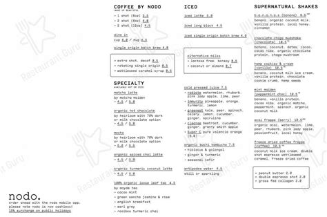 Menu at Nodo Newstead cafe, Newstead, 1 Ella St