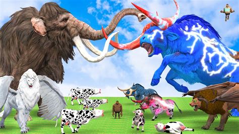 10 Mammoth Elephant Zombie Cow Vs 10 Big Zombie Bull Vs 10 Lion Tiger