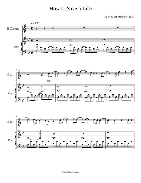 How To Save A Life ~ The Fray Sheet Music For Piano Clarinet In B Flat Mixed Duet