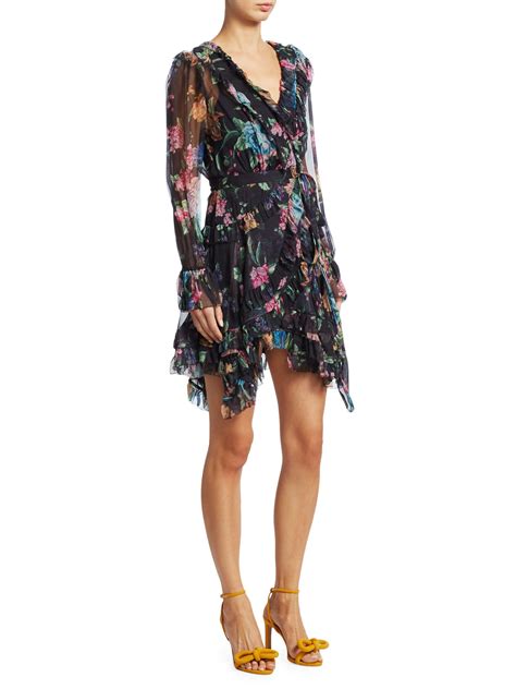 Zimmermann Ninety Six Floral Ruffle Silk Dress In Black Blossom Black