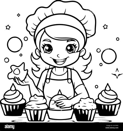 Cute Cartoon Chef Girl With Cupcakes Vector Clip Art Stock Vector