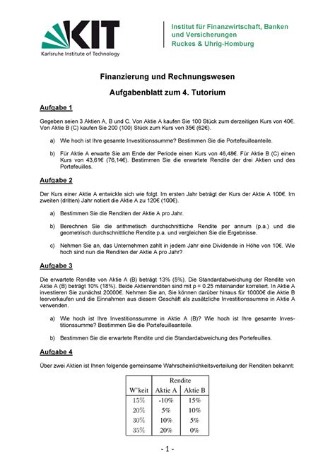 FR Tutorial 4 Aufgabenblatt Institut für Finanzwirtschaft Banken und