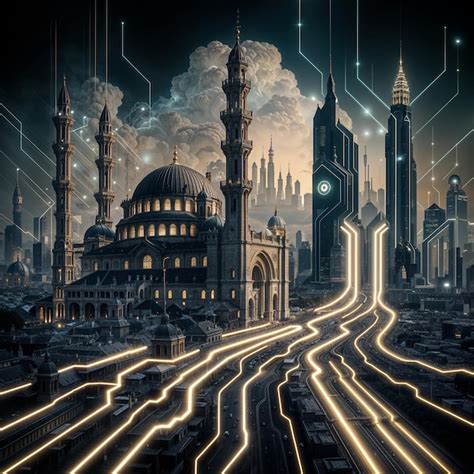 Futuristic Nighttime Cityscape With Mosque Interconnected By Neon