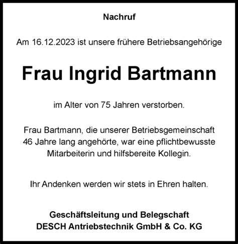 Traueranzeigen Von Ingrid Bartmann Trauer In NRW De