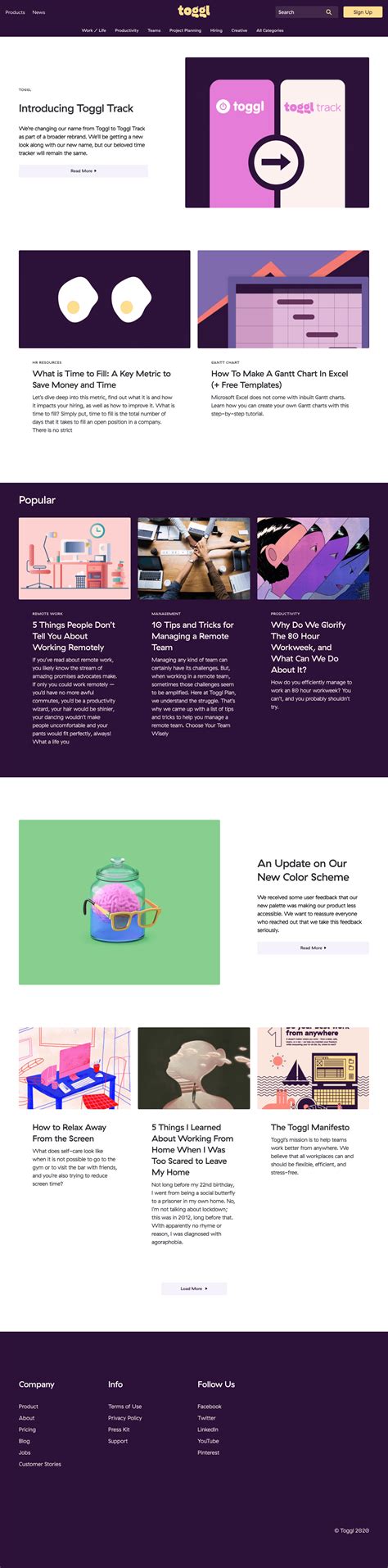 Toggl blog page - SaaS Landing Page 