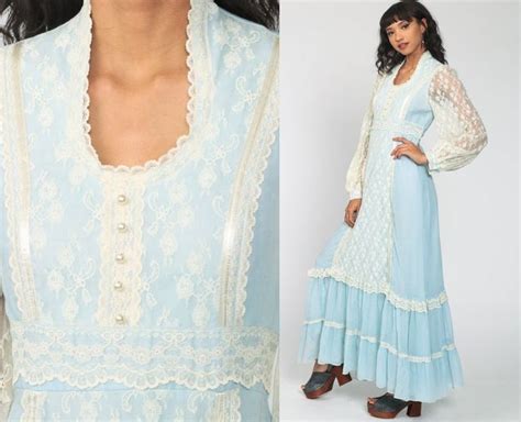 Gunne Sax Dress S Maxi Boho Lace Prairie Pastel Baby Blue Etsy