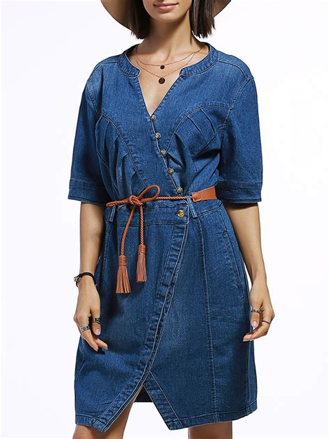 Off V Neck Slit Belted Denim Jean Dress Rosegal