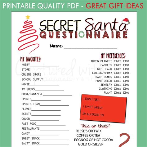 FILLABLE Printable PDF Secret Santa Questionnaire For Gift Exchange