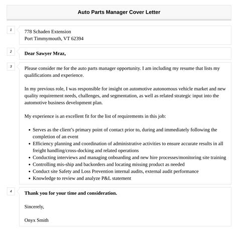 Auto Parts Manager Cover Letter Velvet Jobs