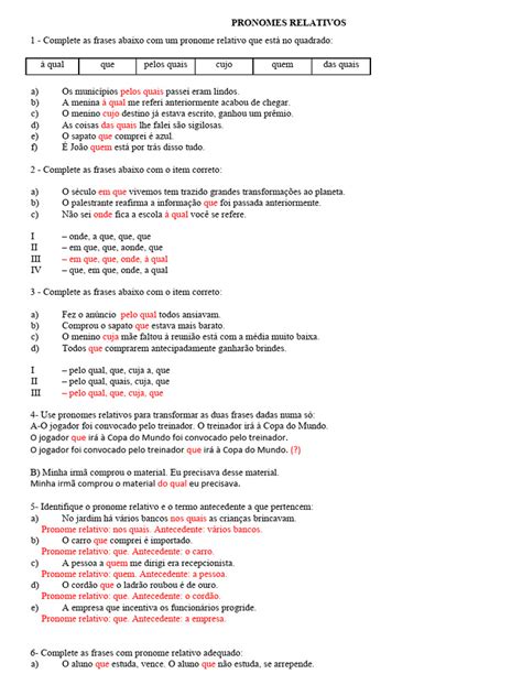 Atividades Pronomes Relativos 8o Ano Com Gabarito - PRONOMES RELATIVOS Gabarito | PDF | Pronome | Linguística