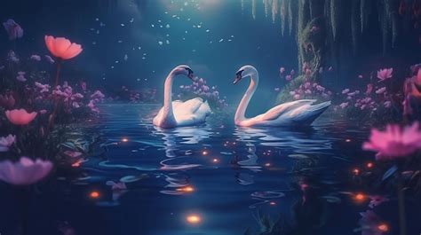 Premium Ai Image Two White Swans Couple Swimming In Lake Fantasy