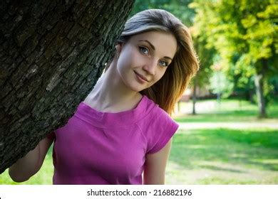 Beautiful Smiling Girl Naked Shoulders Park Stock Photo 216882196 Shutterstock
