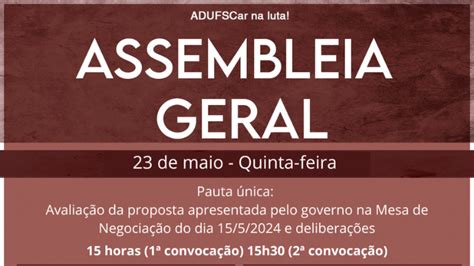 Assembleia Geral Da Adufscar Acontece Nesta Quinta Feira