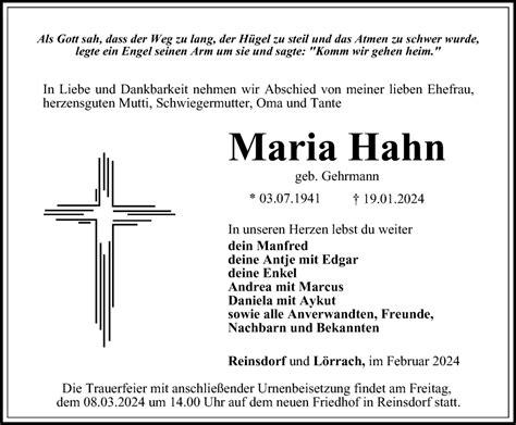 Traueranzeigen Von Maria Hahn Trauer In Thueringen De