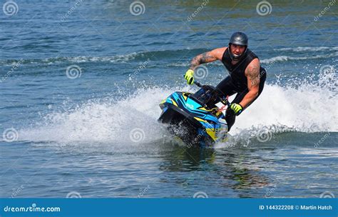 Freestyle Jet Skier Cornering Creating At Lot Of Spray Editorial Stock